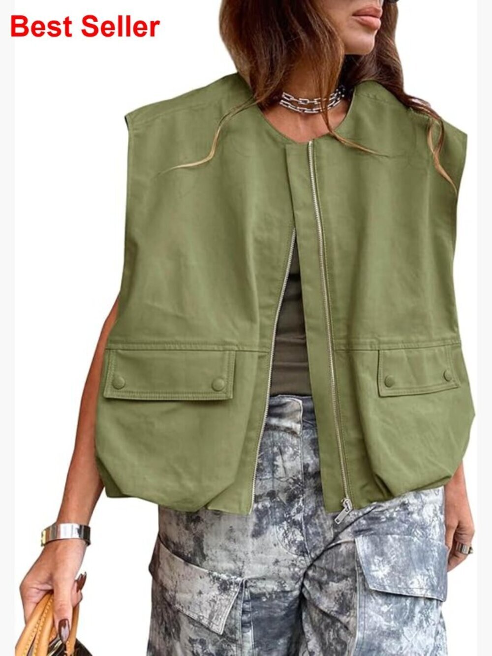 Polyester Zip Up Vest Cargo Oversized Ruched Hem Sleeveless Blazer